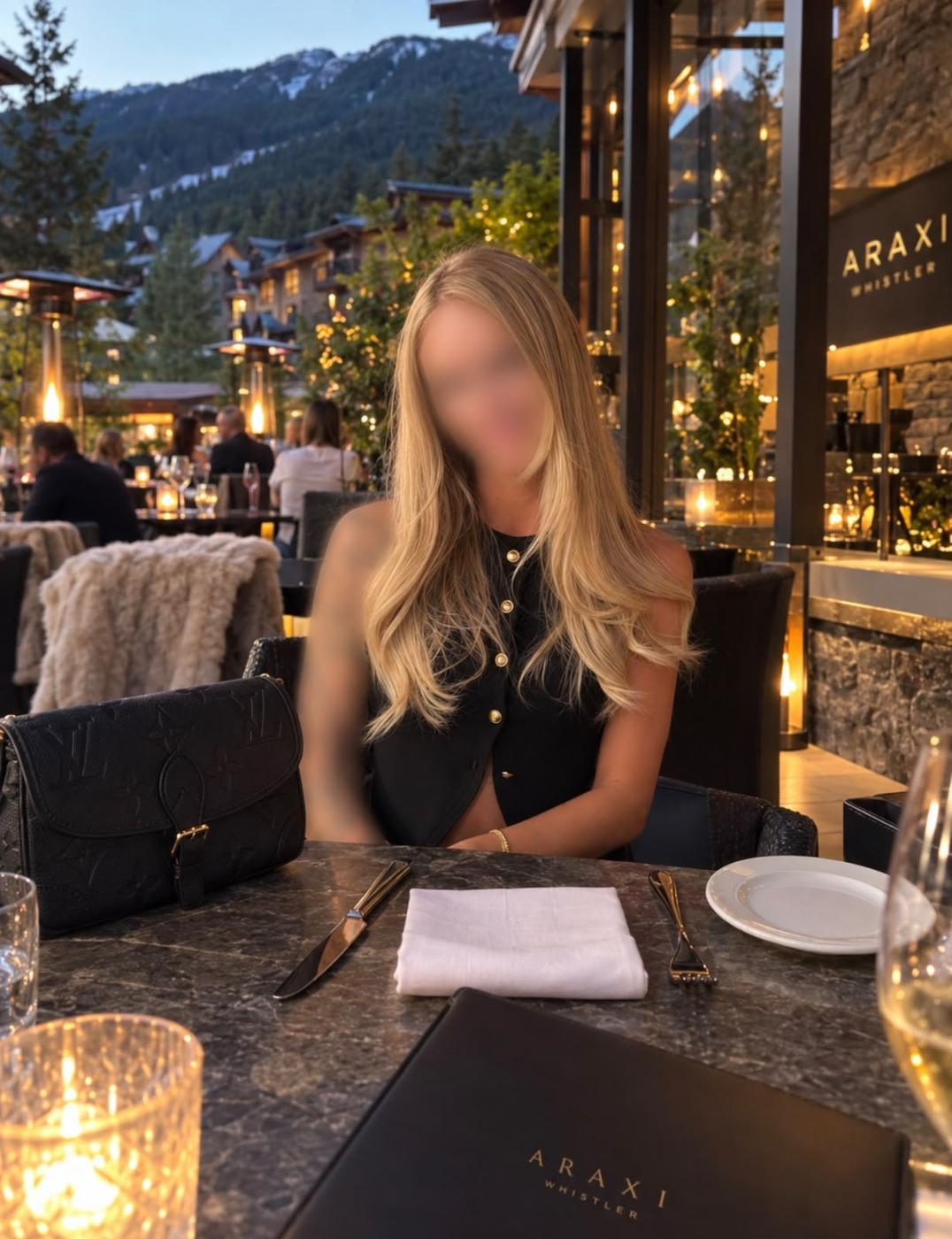 Aria Ray at a candlelit mountain restaurant at sunset